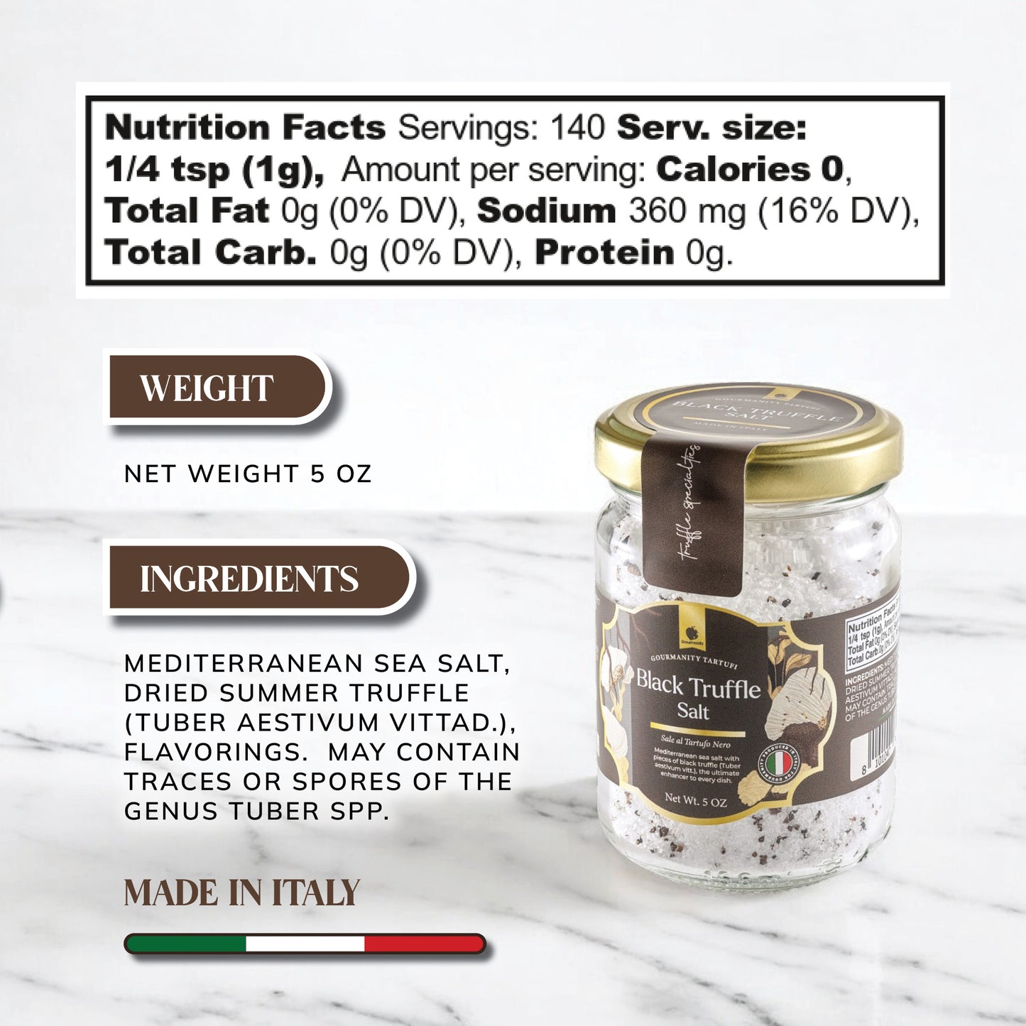Gourmanity Black Truffle Salt, 5% Italian Summer Truffle Seasoning 5oz Jar