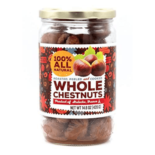 Gourmanity’s chestnuts in a jar as seen from the front of the packaging.