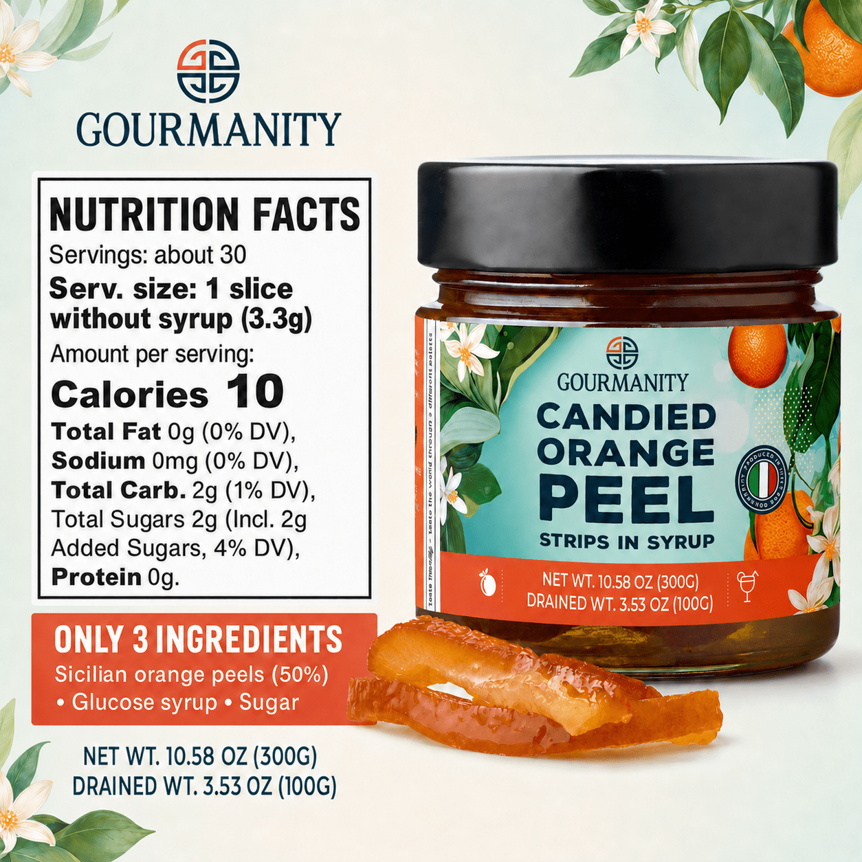 Gourmanity Italian Candied Orange Peel Strips in Syrup 10.9oz