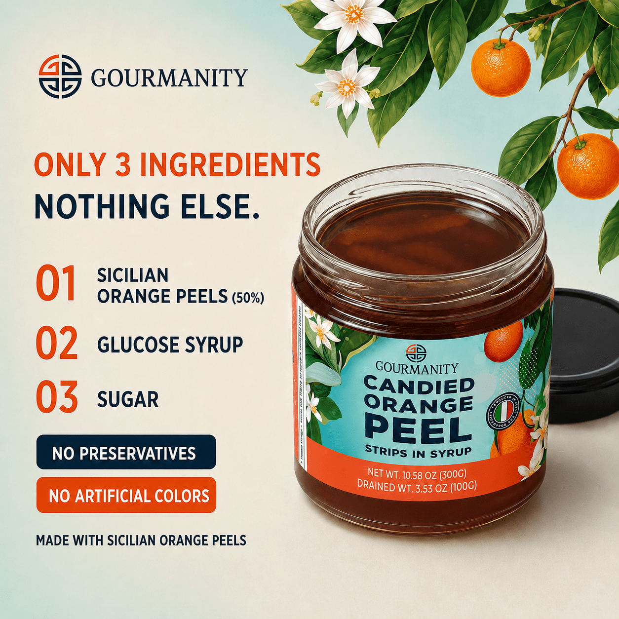 Gourmanity Italian Candied Orange Peel Strips in Syrup 10.9oz
