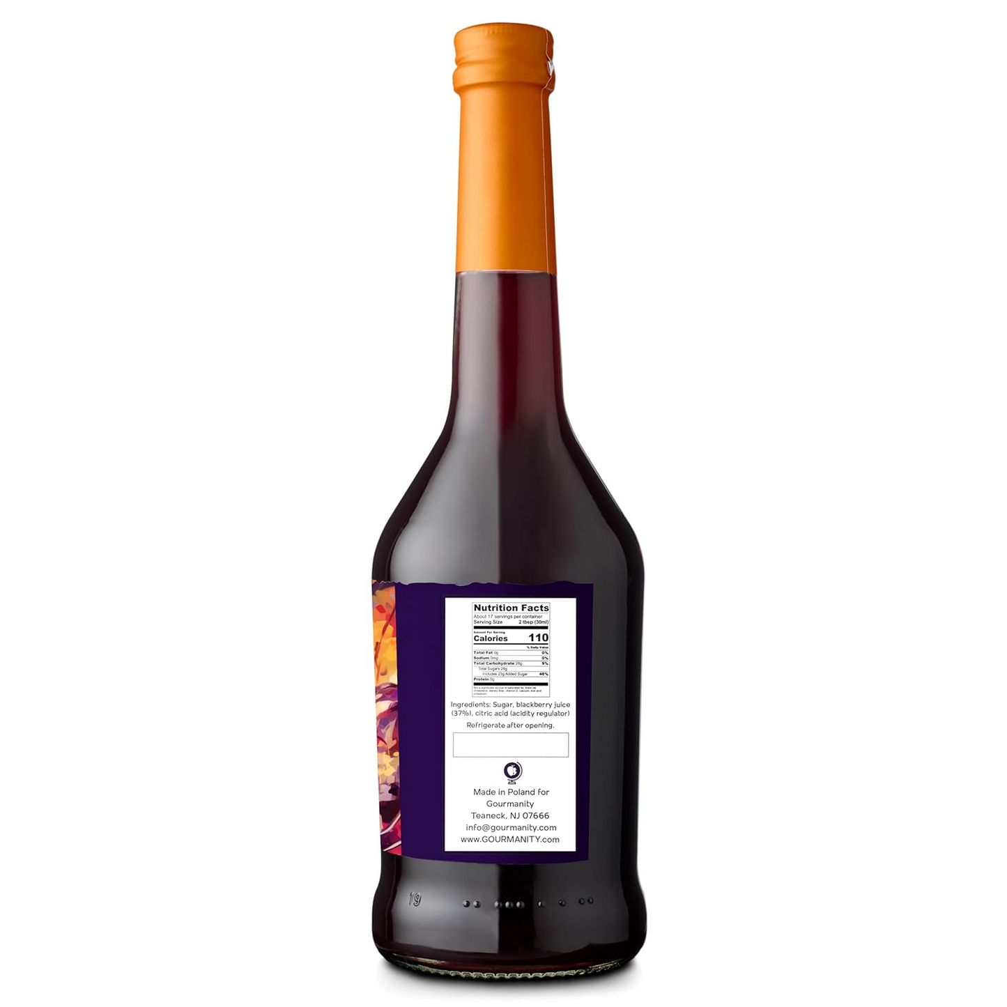 Gourmanity's blackberry syrup back label