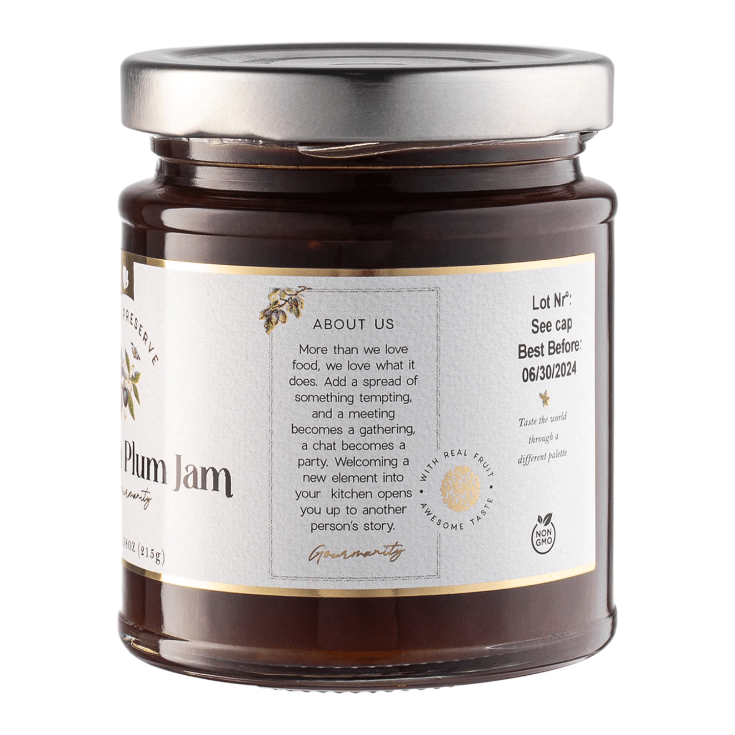 Read about Gourmanity on the label of our Victoria Plum Jam 